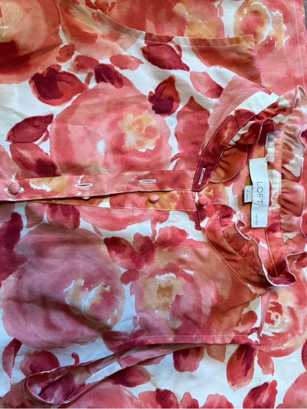 LOFT Coral and Pink Floral Ruffle Blouse